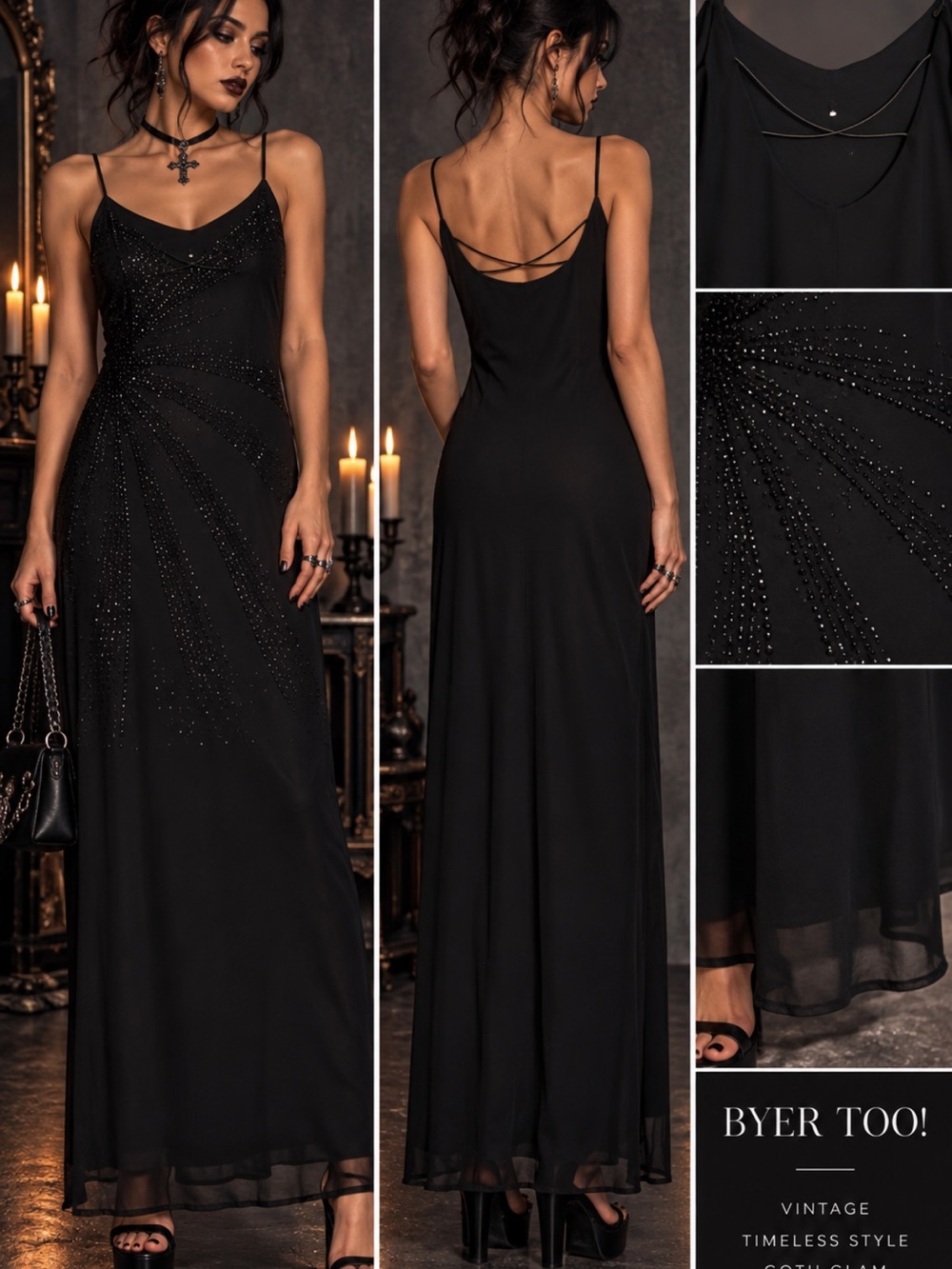 VTG Byer Too Black Beaded Slip Maxi Dress Whimsigoth Y2K 90s